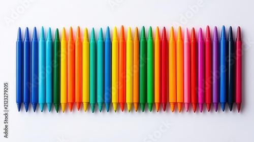 Flat lay of colorful pens and markers arranged in rainbow order on white background