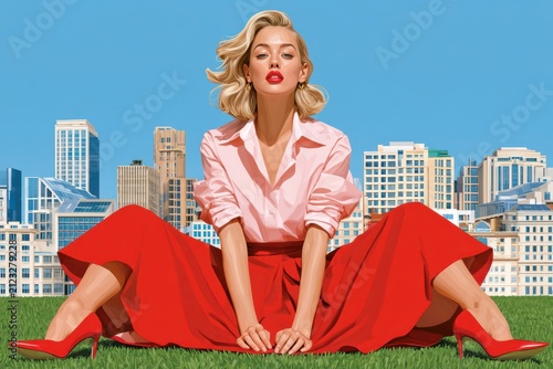 Confident blonde woman in red skirt sitting on grass with city skyline behind her