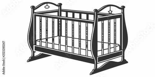 Black baby crib silhouette isolated on white background, black crib silhouette, baby crib outline