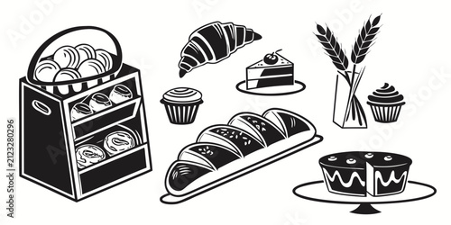Black bakery silhouettes: baguette, croissants, bread loaf, and wheat black silhouettes