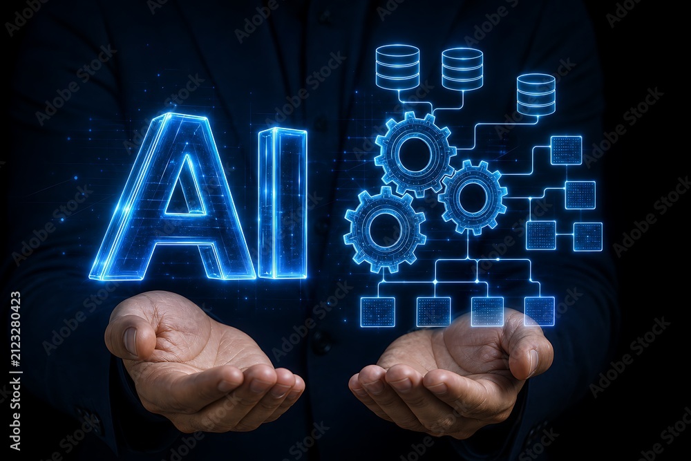 Obraz premium Hands holding glowing artificial intelligence concept with gears and icons on dark background