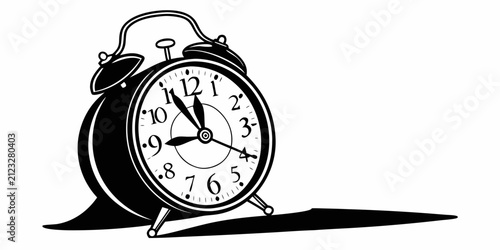 Black bedside clock silhouette on white background, isolated alarm clock black clock