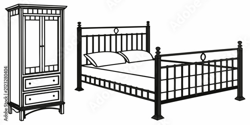 Black bedroom furniture silhouette set on white background, bed frame headboard