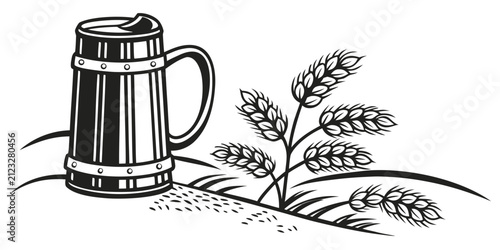 Black beer mug silhouette with hops and barley isolated on white black silhouette