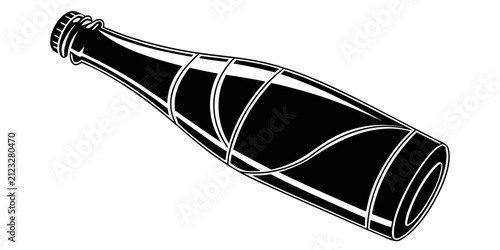 Black beverage bottle with silver cap, isolated on white background, black bottle