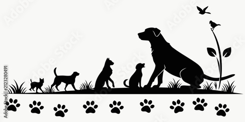 Black bird perched on branch, surrounded by silhouetted animals, isolated on white
