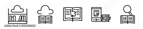 Set de 5 iconos de biblioteca digital con nube y libros. Vector outline