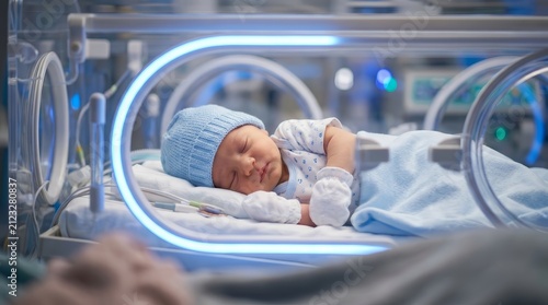 Peaceful newborn infant resting in a medical incubator with soft blue light in a nursery.