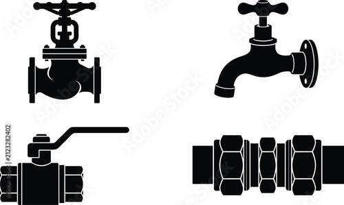 Black silhouette vector set of industrial plumbing pipe fittings water tap and isolation ball valves