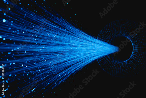 A futuristic digital illustration shows a blue particle stream flowing through a grid portal against a dark black background, representing sci-fi concepts.