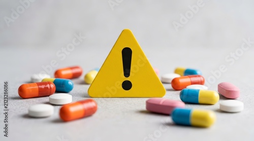 Medication safety concept featuring a yellow caution sign and various colorful pharmaceutical pills.