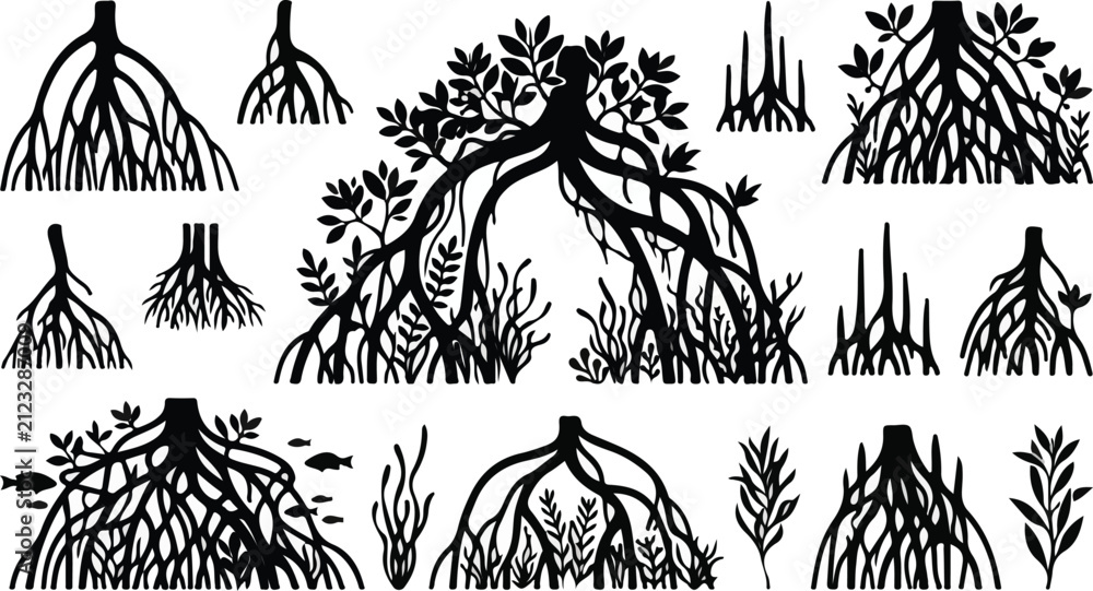 Fototapeta premium Mangrove tree prop root systems and pneumatophores silhouette vector set