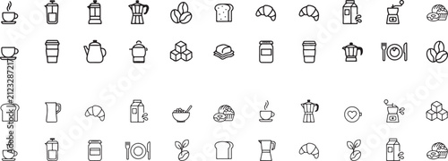 Coffee and Breakfast Icons, Cups French Press Pastries Bread and Café Line Icon