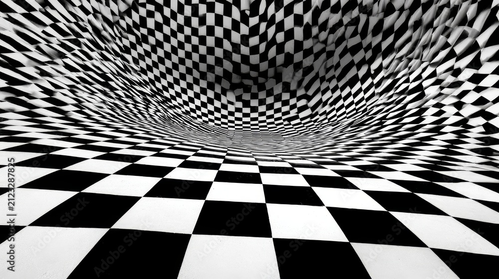 Naklejka premium Black and white checkerboard surface twisted into a wave pattern, creating an optical illusion effect