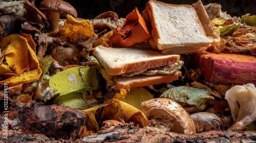Decomposed meal remains such as expired sandwiches, fruit peels, and soggy bread in a heap with foul odor waves