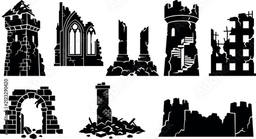 Фотография Ancient Castle Ruins and Damaged Building Silhouette Vector Collection featuring