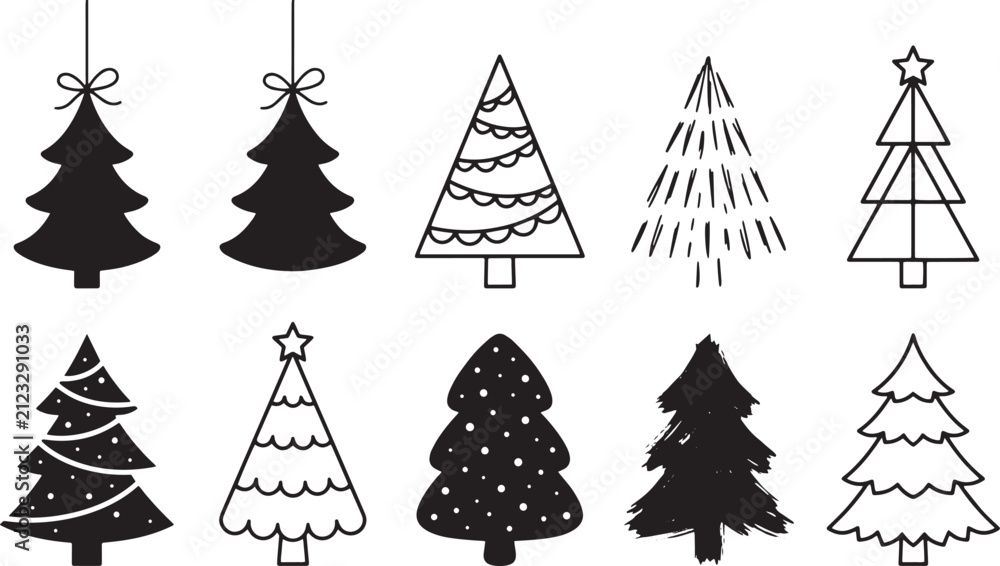 Obraz premium Set of Minimalist Hand Drawn Christmas Tree Icons Vector Illustration