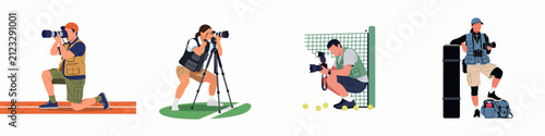 Obraz na plátne Set of flat vector illustrations depicting professional sports photographers with cameras and equipment on various athletic fields and courts