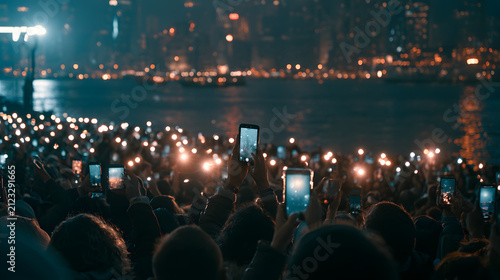 Crowd Celebrating New Year's Eve Along the Waterfront with Festive Lights and City Skyline in Background