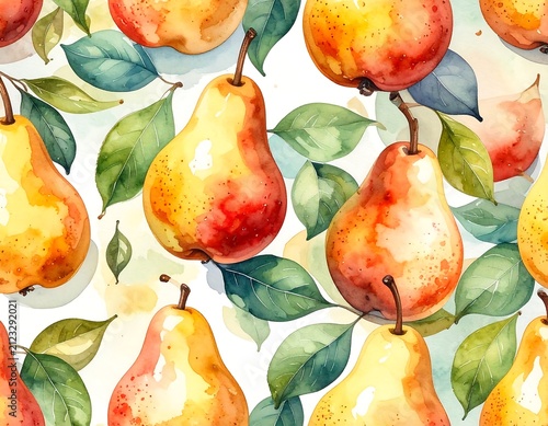 A seamless pattern of watercolor pears and leaves on white background