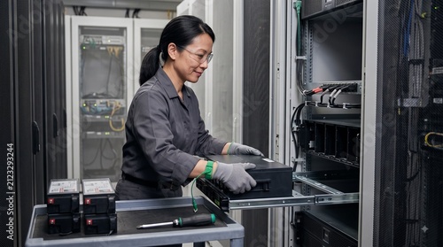 Female Technician Installing Rack Mount UPS Battery System in Enterprise Data Center