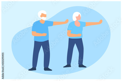 Elderly couple jogging exercise in park vector illustration. Elderly people healthy lifestyle, healthy aging for senior care concept
