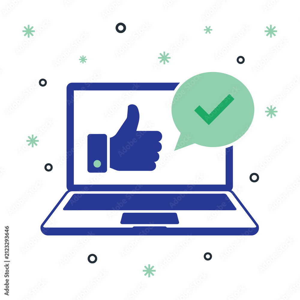 Obraz premium Laptop showing a thumbs up icon and a green check mark symbol for online success
