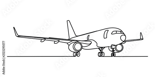 Continuous line drawing of a passenger airplane on runway