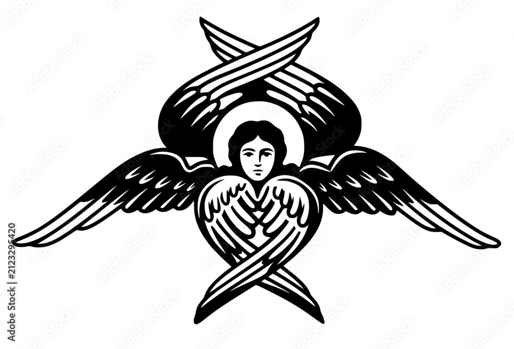 Obraz premium Stylized black illustration of a seraph with six wings surrounding a human‑like face. Bold vector artwork symbolizing divine presence, purity, and celestial iconography