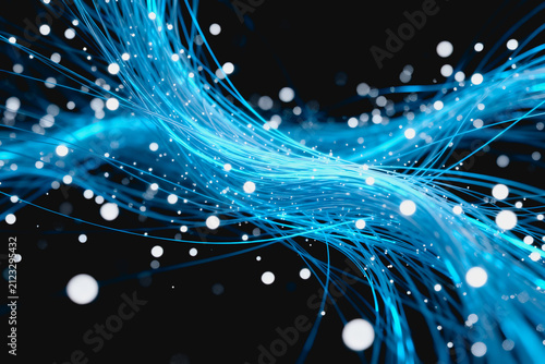 Abstract digital illustration of glowing blue light streams and particles, representing data flow or network technology on a dark background.