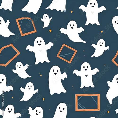 A seamless pattern of white ghosts and orange-framed rectangles on a dark blue background
