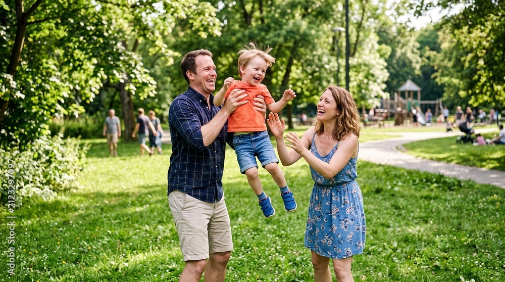 Fototapeta premium A happy family is playing with their child in the park.