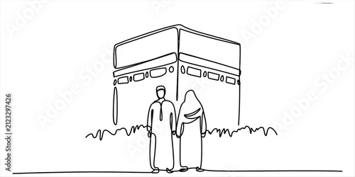 Foto Continuous line drawing of a muslim couple standing in front of the kaaba in mec