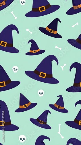 A seamless pattern of witch hats and Halloween symbols on a mint green background