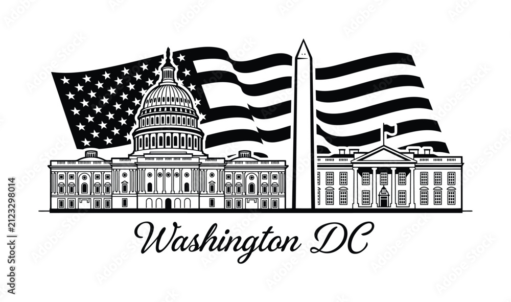 Photography Poster ワシントン DC のランドマークとアメリカの国旗の