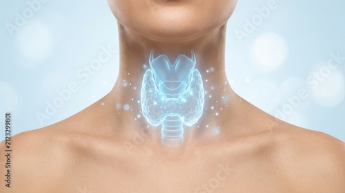 Endocrine system function and fatigue recovery concept featuring a glowing thyroid gland illustration on a woman.