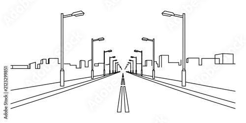 One point perspective drawing of a city street and lights