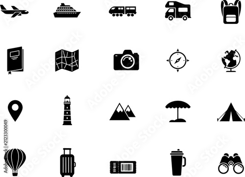 Travel Tourism Adventure Icons Set Transportation Camping Navigation Vacation Vector Collection