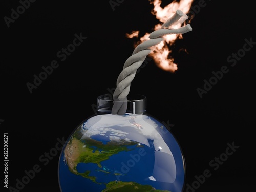 Cuadro en lienzo Illustration of Earth with wildfire smoke and burning land, representing climate change, forest fire, and environmental damage