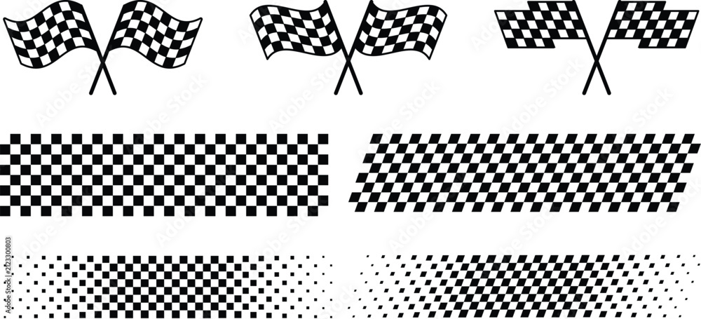 Obraz premium Collection of checkered flags and patterns on a white background racing victory symbols