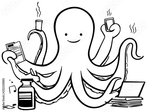 Octopus multitasking with various objects with cartoon octopus handling multiple items simultaneously organization productivity illustration
