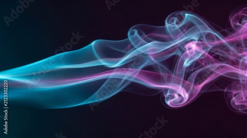 Abstract background, colored smoke wisps swirling through dark space, cyan and magenta lighting