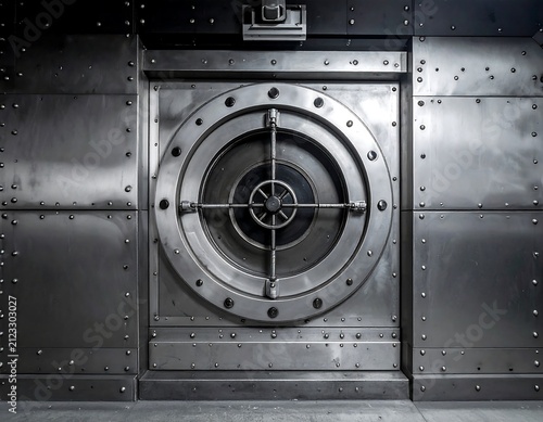 A secure metal vault door with a circular locking mechanism and rivets