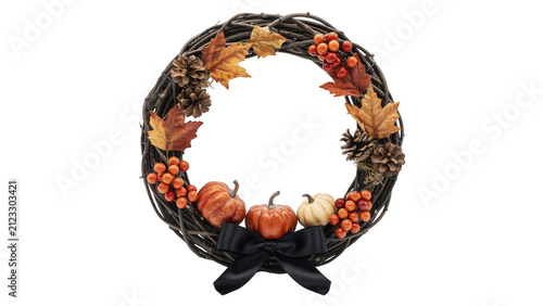 Autumn wreath with pumpkins and black bow isolated on transparent background