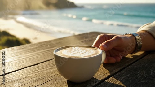 Person Enjoying Coffee by the Ocean.