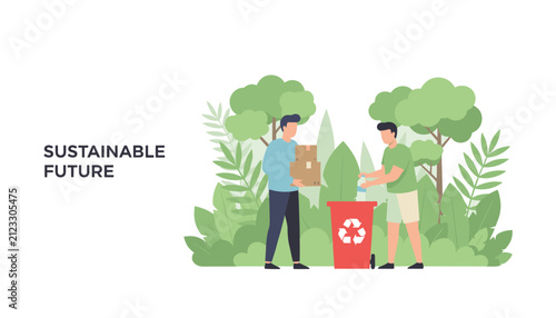 Eco friendly young men recycle plastic bottles and cardboard boxes in a green forest for a sustainable future concept.