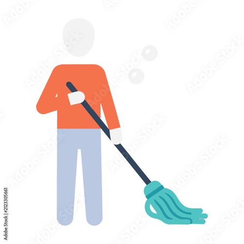 Person cleaning with mop and bucket, simple flat design illustration