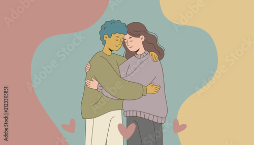 Happy diverse couple in sweaters embraces in a warm loving hug surrounded by hearts on a colorful pastel background.