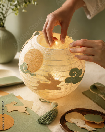Safe LED light being installed inside a paper lantern during Mid-Autumn Festival
