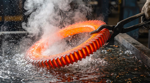 Glowing hot orange gear ring quenched in water during forging heat treatment, metalworking process concept